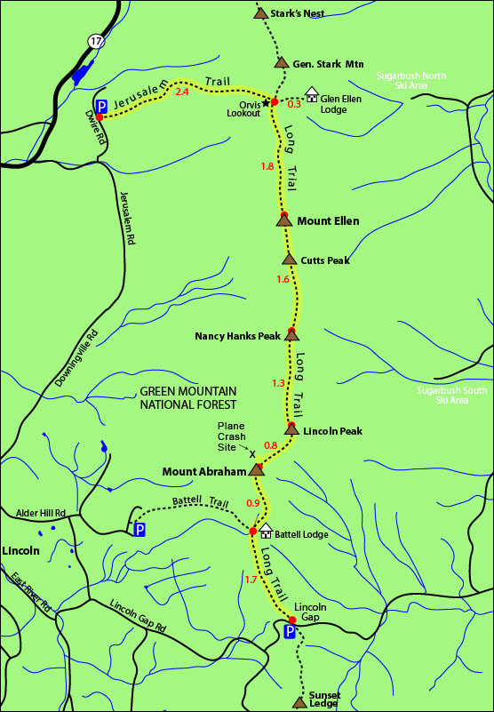 Mount Ellen Mount Abraham hike map long trail, jerusalem trail, orvis outlook, lincoln gap, mount ellen trail map, mount abraham trail map